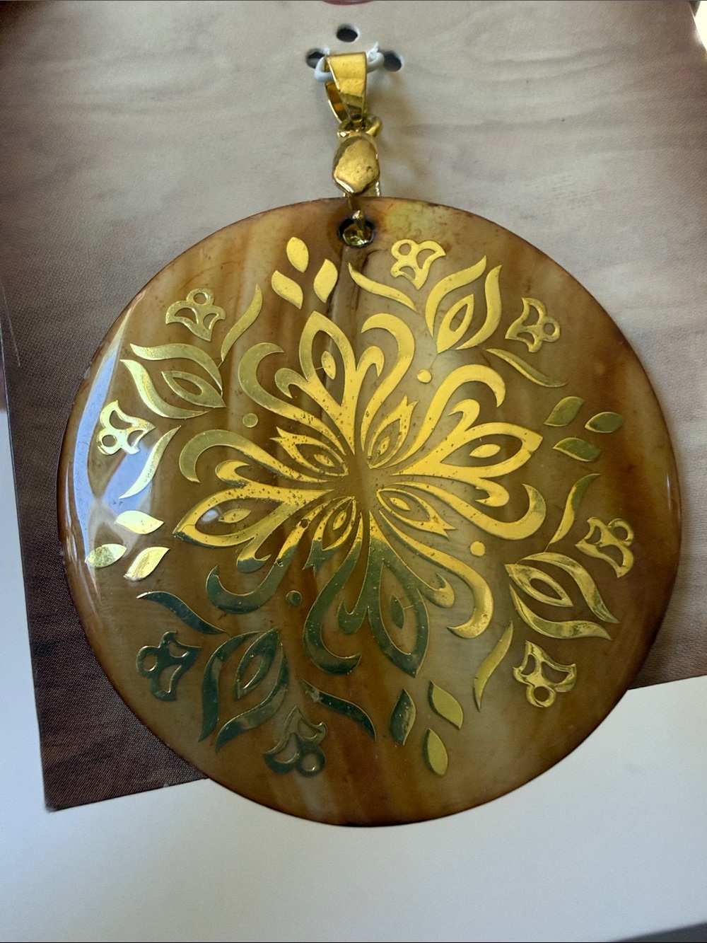 Natural Elegance Mother of Pearl Shell Gold tone inlay round coin pendant